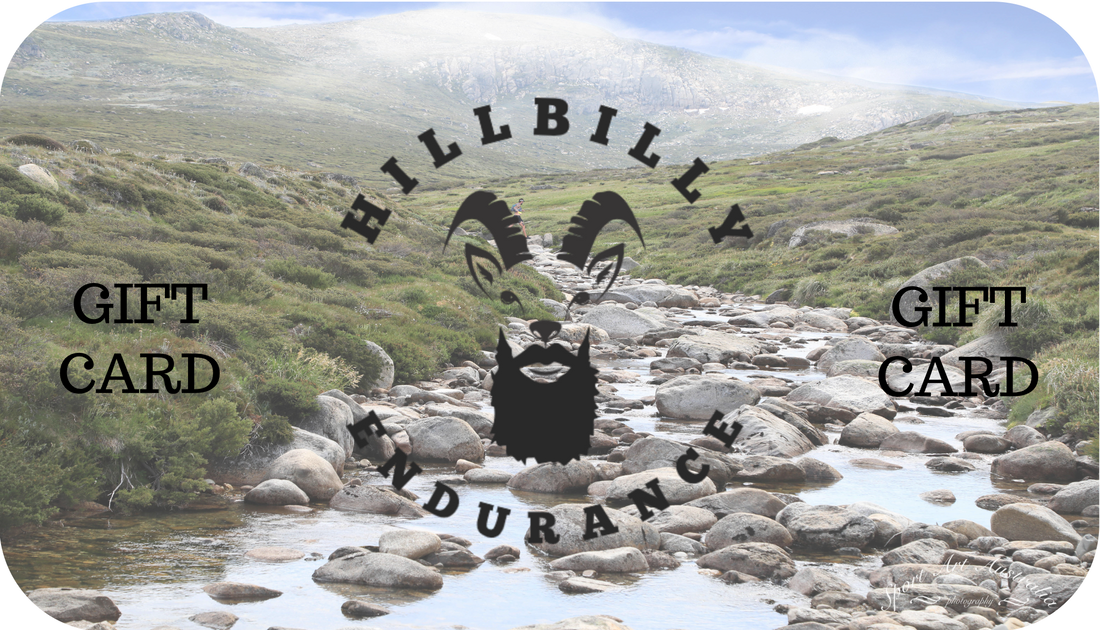 Hillbilly Endurance gift card with mountain background and logo on front